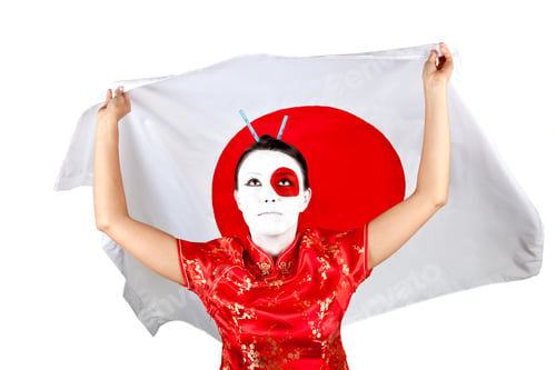 Preview: Woman In Asian Outfit Holding Japan'S Flag - Isolated