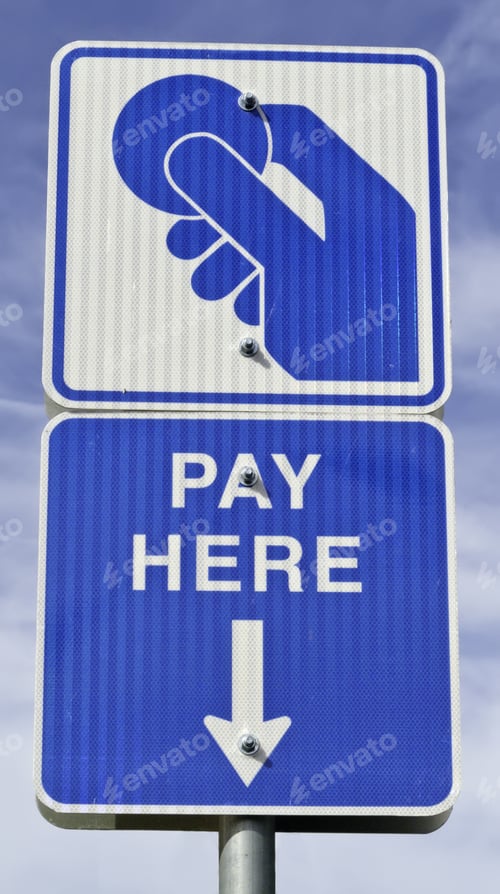 Preview: Tall Blue And White Sign In Parking Lot: Pay Here