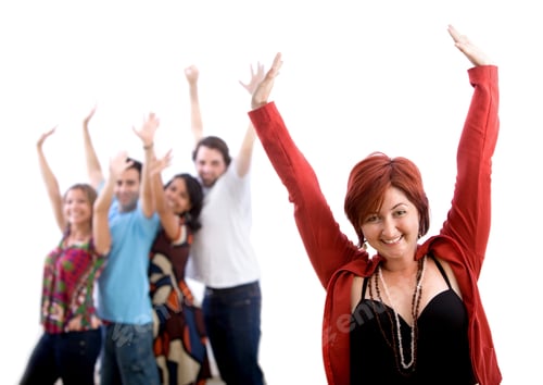 Preview: Casual Group Of Friends With Arms Up Isolated On White