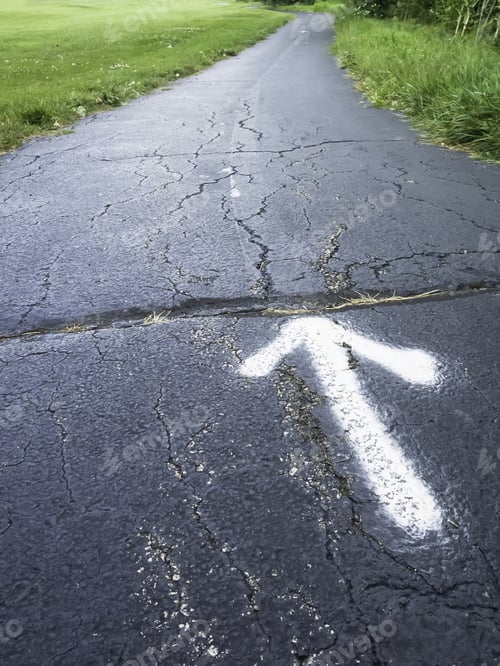 Preview: White Arrow Painted On Asphalt Path In Park (Foreground Focus)