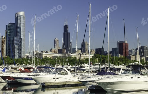 Preview: Urban Marina Skyline: Yachts In Burnham Harbor In Chicago, Illinois, Usa, With Landmarks (Including