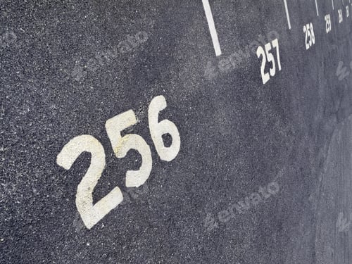 Preview: White Numbers Of Parking Spaces Stenciled On Asphalt Pavement Of Civic Lot (Tilted View)