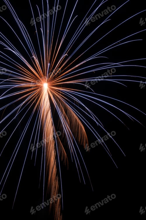 Preview: Large Burst Of Fireworks With Feathery Rocket Trail, White-Hot Core, And Blue Streaks