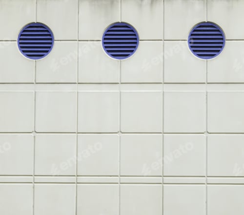 Preview: Industrial Minimalism: Three Round Blue Vents In Exterior Concrete Wall, Smudged At Top, With