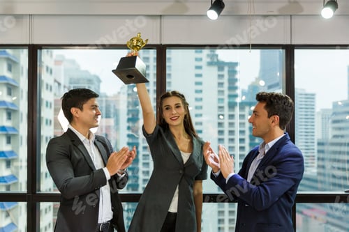 Preview: Group Of Corporate Colleagues Congratulating Together In The Office. Successful And Teamwork Concept