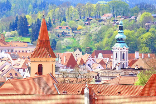 Preview: Beautiful View To Church And Castle In Cesky Krumlov, Czech Republic With Flower Landmarks Of Czech.