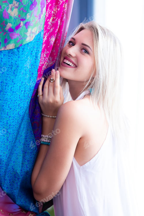 Preview: Boho Woman Happy Smile. Beautiful Caucasian Woman In White Boho Dress With Boho Tent. Woman