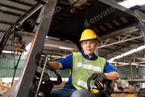 Preview: Asian Factory Male Worker Driving And Marking Operating On Forklift Truck In The Industry Factory