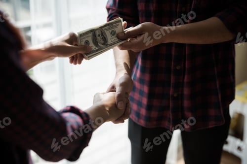 Preview: People Working Man And Woman In A Plaid Shirt Of Handshake Of Business Partners. Profit Business