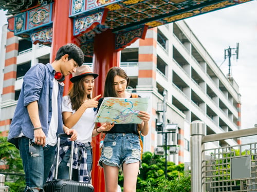 Preview: Travel Concept.Group Of Happy Friend Are Traveling.Tourism Looking Map Find Away In Bangkok China