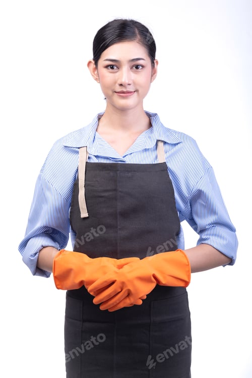 Preview: House Cleaning Service Woman Isolated In White. Asian Young Woman With Gloves, Happy Smile
