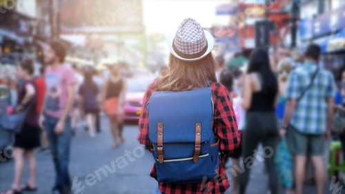 Preview: Back Side Of Young Traveling Women With Backpack In City Centre Are Walking Khaosan Road Walking