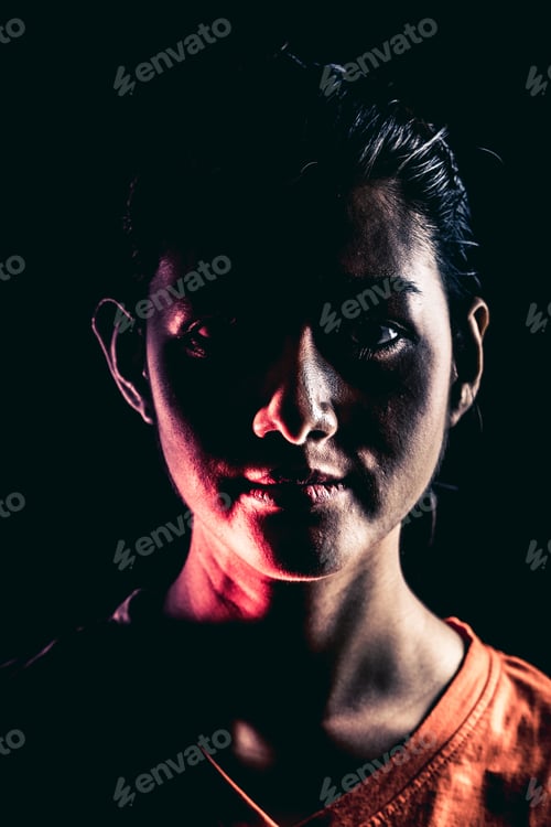 Preview: Halloween Zombie Girl Portrait. Asian Woman In Orange T-Shirt, Dramatic Lighting. For Scary