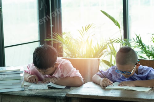 Preview: Asians Boy Write And Read Book At Home. Education Concept