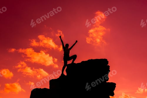 Preview: Silhouette Sporty Woman Climbing On The Cliff. Success And Goal Concept. Strong And Healthy For