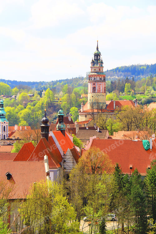 Preview: Beautiful View To Church And Castle In Cesky Krumlov, Czech Republic With Flower Landmarks Of Czech.