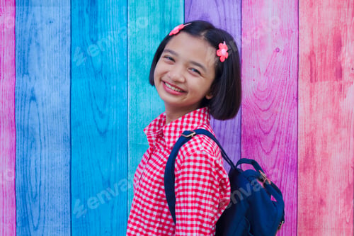 Preview: Happy Young Student Asia Girl With Colorful Background.
