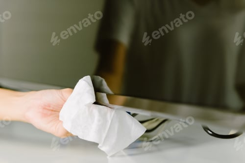 Preview: Asian Woman Cleaning Television With Disinfection Wipe.