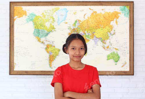 Preview: Close Up Young Girl Wear Red T-Shirt Smiling And Crossed Arms .With Retro Map Background.