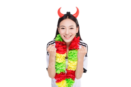 Preview: Happy Cheerleader Holding Pom-Pom, White Background