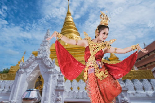 Preview: Woman Wearing Typical Thai Dress On Old Temple Background
