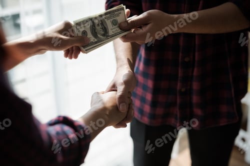 Preview: People Working Man And Woman In A Plaid Shirt Of Handshake Of Business Partners. Profit Business