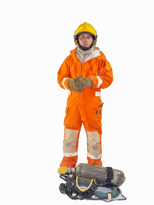 Preview: Portrait Asia Man Fireman Ware Orange Unifrom Safety Coat And Helmet White Background Isolated