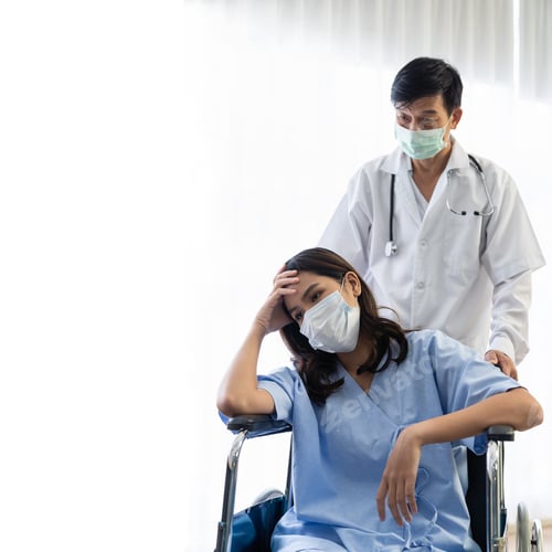 Preview: Healthcare Concept, Doctor Taking Care Of The Young Patient Woman Put On A Protective Medical Mask