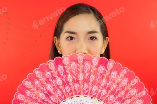 Preview: Chinese New Year. Portrait Close Up Beautiful Happy Smiley Asia Chiness Girl Ware Qipao Oriental