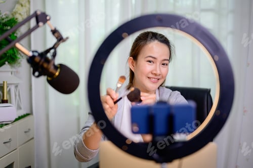 Preview: Asian Woman Blogger Or Vlogger Working Online For Beauty And Makeup. Social Media Influencer And