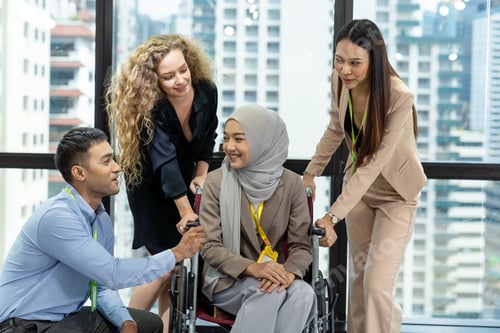 Preview: Formal Corporate Colleagues Conversation Talking With Muslim Woman In Hijab Headscarf Sitting On