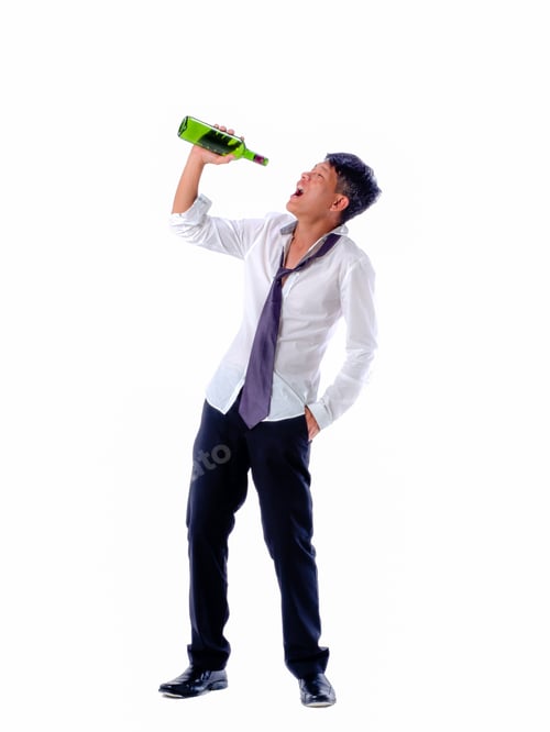 Preview: Drink Don'T Drive Concepts.Drunk Business Man Wear Black Suit Holding Wine Bottle And Steering