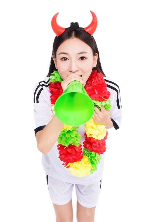 Preview: Uniformed Cheerleader A Pose With A Megaphone Isolated On White.
