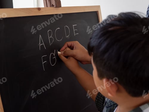 Preview: Hands Of My Father And The Boys Are Helping Us Write The Chalkboard. Education Concept.