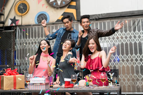 Preview: Happy Time, Group Of Asia Beautiful Young People Standing And Celebrating Together The Party In The