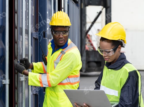 Preview: Teamwork, Worker And People Concept, Male And Female Workers In Uniform And Wearing Safety Helmet