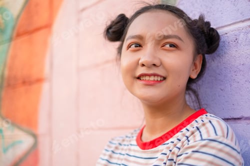 Preview: Asian Young Girl With Colorful Wall, Happy Girl.