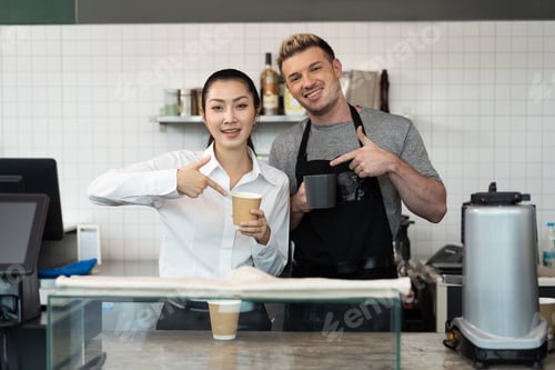 Preview: Portrait Of Barista Cafe Wearing Apron And Prepare Coffee Grinder Pour At Coffee Shop With Happy