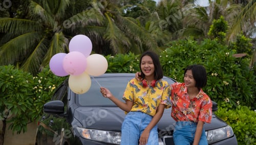 Preview: Happy Two Young Girl Enjoy Time With Black Car.
