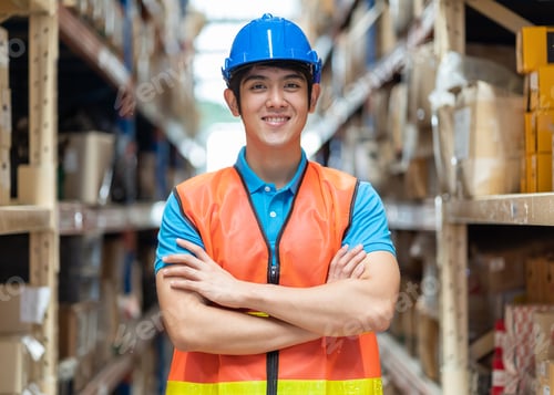 Preview: Confident Smiling Asian Male Warehouse Worker In Safety Vest And Helmet Standing With Arms Crossed