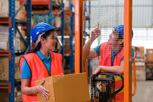 Preview: Group Of Warehouse Worker Moving Or Transfer Products Or Parcel Goods From Forklift Truck To Shelf