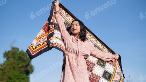 Preview: Young Asian Girl Standinf At Field Grass And Blue Sky.