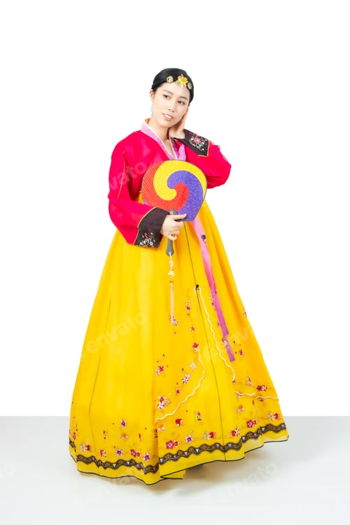 Preview: The Woman Wearing Colorful Hanbok, Korean Traditional Dress On White Background Isolated.