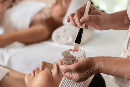 Preview: Beautiful Woman With Treatment. Mask On Face In Spa Salon. Select Focus Hand