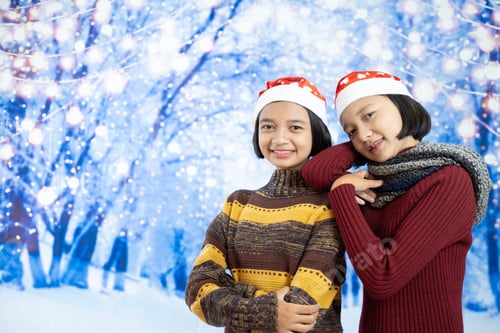 Preview: Two Happy Young Girl With Snow Background.