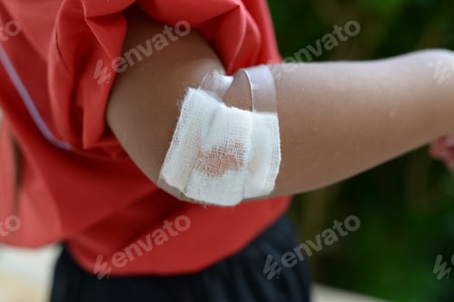 Preview: Boy Injured. Bloody Wound On The Child'S Arm With Bandage. Bandage In Focus. Human Health Care And