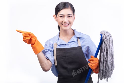 Preview: House Cleaning Service Woman Isolated In White. Asian Young Woman With Gloves, Happy Smile, Holding