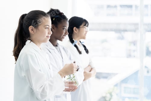 Preview: Group Of Diversity Children Scientists Standing Holding With Tube In The Laboratory. Asian Girl