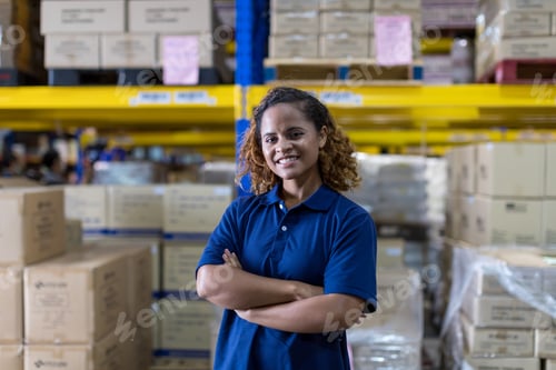 Preview: Portrait Of Warehouse Female Worker In The Warehouse Storage With Happy And Smile. Inspection