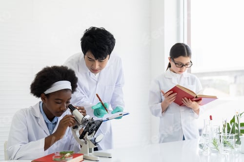 Preview: Asian Teacher And Diverse Student Doing Tests Of Plants In Classroom. Group Of Diversity Scientists
